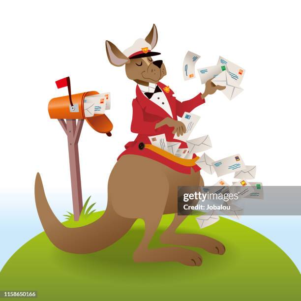 mr postman kangaroo delivering a mess of mails - postal worker smiling stock illustrations