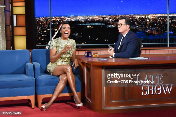 The Late Show with Stephen Colbert and guest Aisha Tyler during Thursday's July 25, 2019 show.