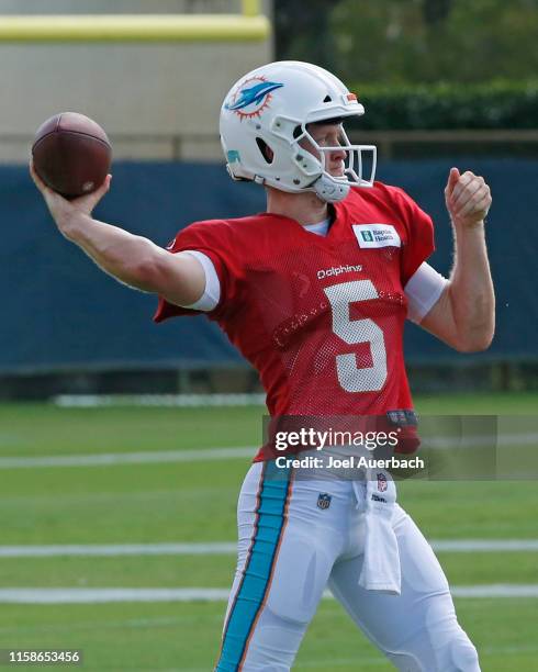 Jake Rudock of the Miami Dolphins throws the ball during the Miami Dolphins Training Camp on July 30, 2019 at the Miami Dolphins training facility in...