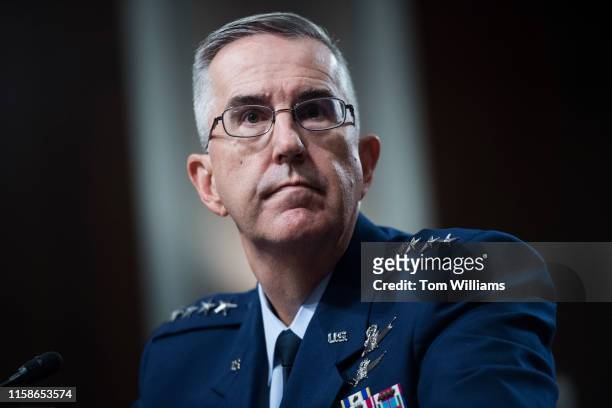 Air Force Gen. John E. Hyten, is seen during his Senate Armed Services Committee confirmation hearing to be vice chairman of the Joint Chiefs of...