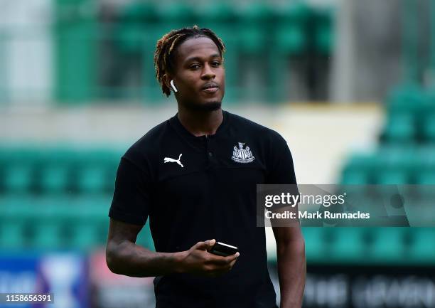 Rolando Aarons of Newcastle United on the pitch ahead of the Pre-Season Friendly match between Hibernian FC and Newcastle United FC at Easter Road on...