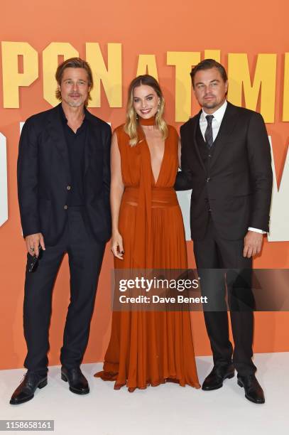 Brad Pitt, Margot Robbie and Leonardo DiCaprio attend the UK Premiere of "Once Upon a Time...In Hollywood" at the Odeon Luxe Leicester Square on July...