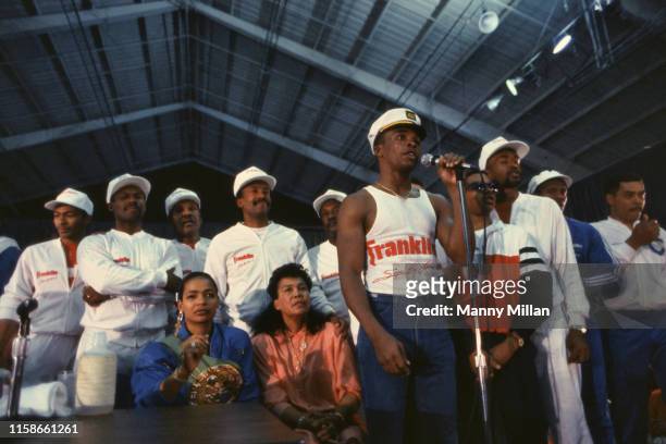 Middleweight Title: Sugar Ray Leonard with team and family during press interview after fight vs Marvin Hagler at Caesars Palace. Leonard's wife,...