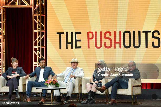 Katie Galloway, Dr. Victor Rios, Martin Flores, Dawn Valadez and Edward James Olmos of The Pushouts speaks during the 2019 Summer TCA press tour at...
