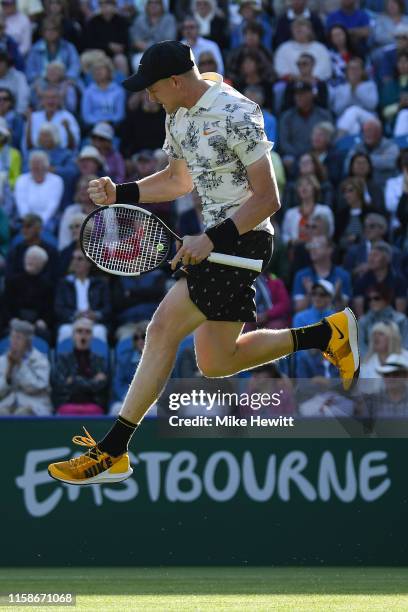 Kyle Edmund of Great Britain celebrates victory in his quarter final match against Dan Evans of Great Britain on day 4 of the Nature Valley...