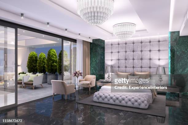 luxe slaapkamer interieur met groot terras - hotelroom stockfoto's en -beelden