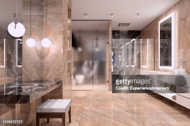 luxe badkamer interieur met glazen deur - bath mat stockfoto's en -beelden