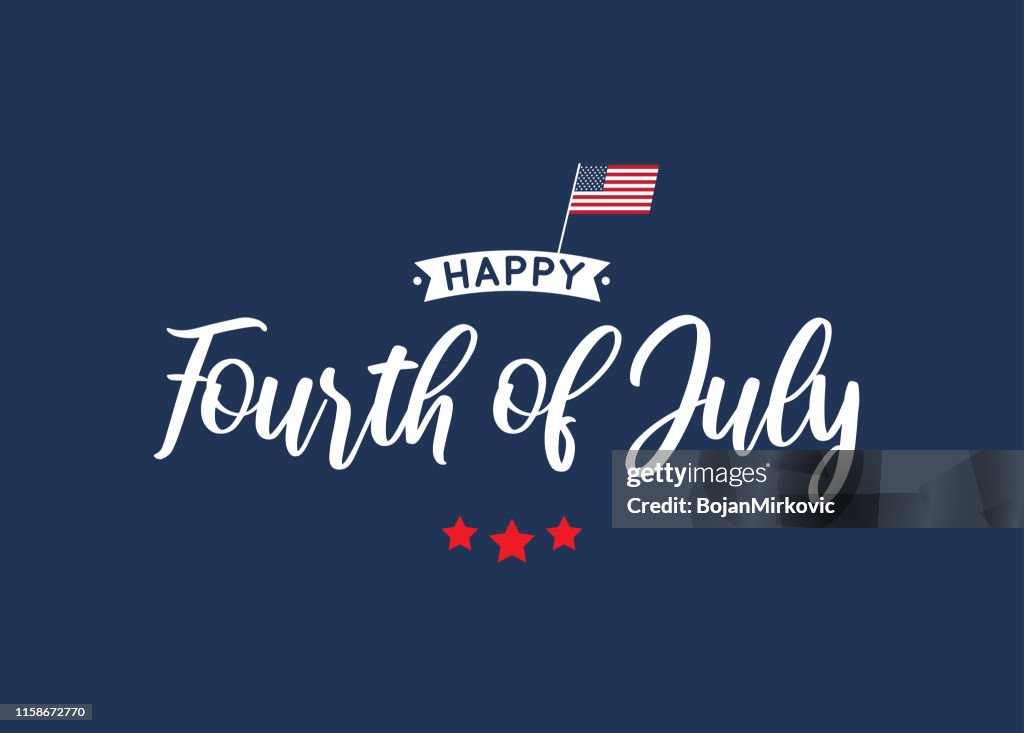 Fourth of July lettering blue card with USA flag. Vector illustration.