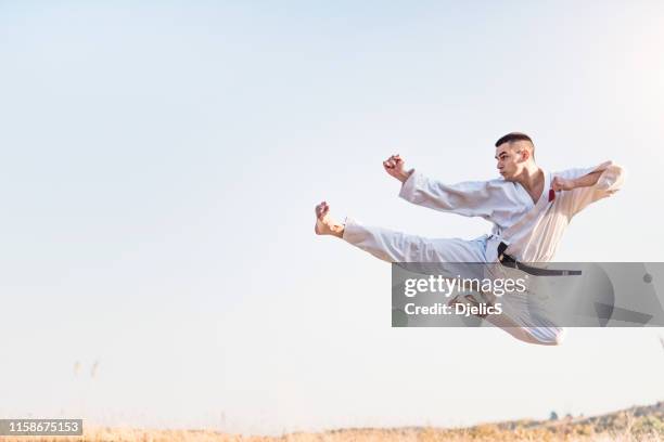 giovane artista marziale che pratica calci volanti in natura. - karate foto e immagini stock