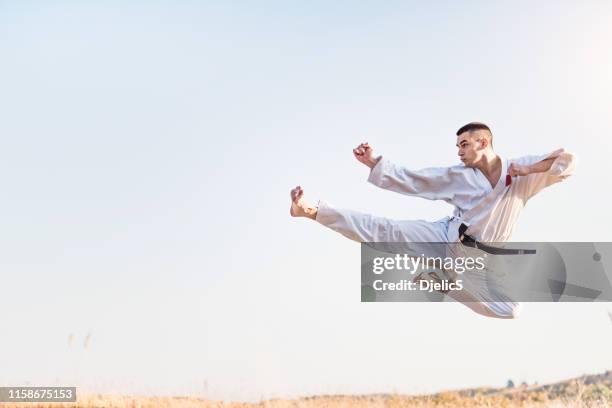 jonge martial artist oefenen vliegen kicks in de natuur. - karate stockfoto's en -beelden