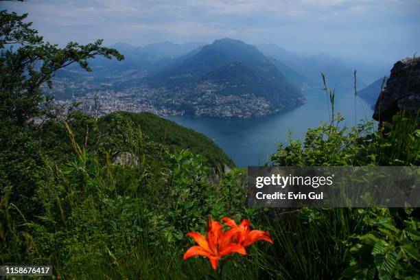 lake lugano from mountain san salvatore. landscape photography in summer - lugano stock-fotos und bilder