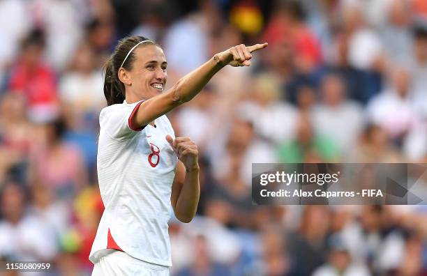 Jill Scott of England celebrates after scoring her team's first goal during the 2019 FIFA Women's World Cup France Quarter Final match between Norway...