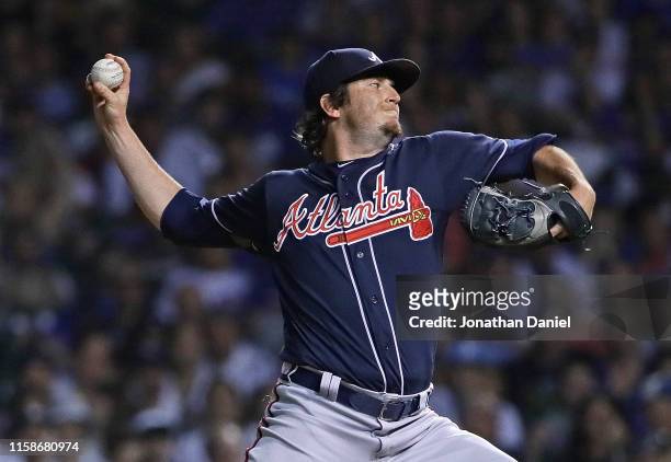 Luke Jackson of the Atlanta Braves pitches the 9th inning for a save against the Chicago Cubs at Wrigley Field on June 25, 2019 in Chicago, Illinois....