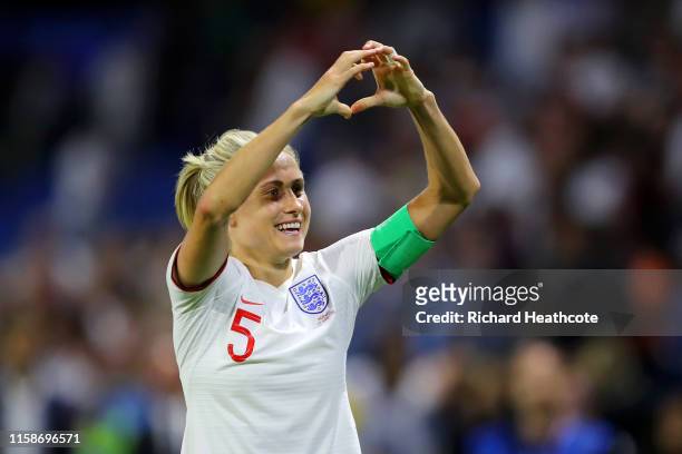Steph Houghton of England celebrates following her sides victory in the 2019 FIFA Women's World Cup France Quarter Final match between Norway and...