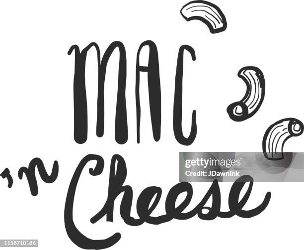 stockillustraties, clipart, cartoons en iconen met mac n ' cheese hand geletterde eten en drinken pairing of menu-item - macaroni en kaas