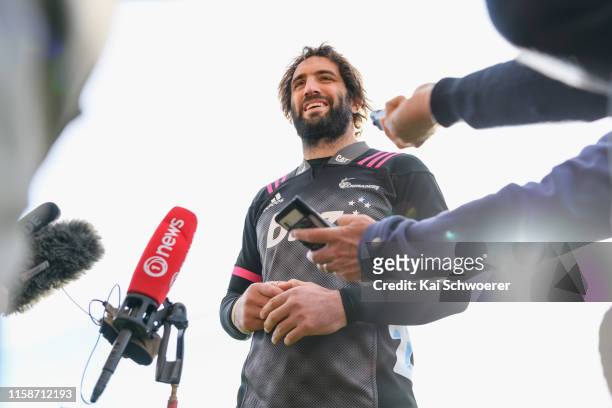 Captain Samuel Whitelock speaks to the media prior to the Crusaders Super Rugby captain's run at Orangetheory Stadium on June 28, 2019 in...