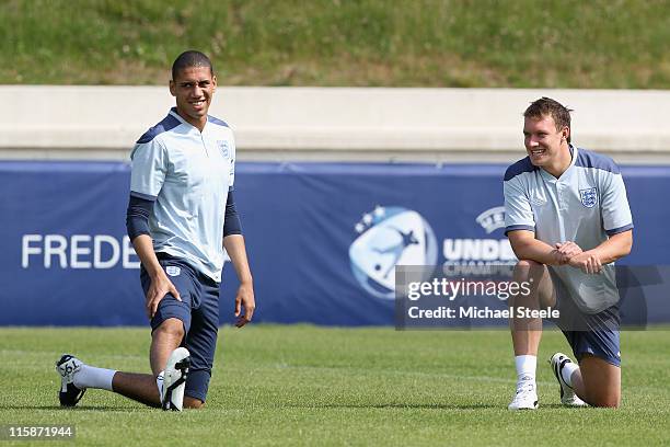 Chris Smalling and Phil Jones during the England U21's training session at Monjasa Park Stadium on June 11, 2011 in Fredericia, Denmark.