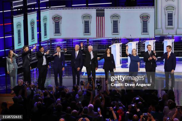 Democratic presidential candidates Marianne Williamson, former Colorado governor John Hickenlooper, former tech executive Andrew Yang, South Bend,...