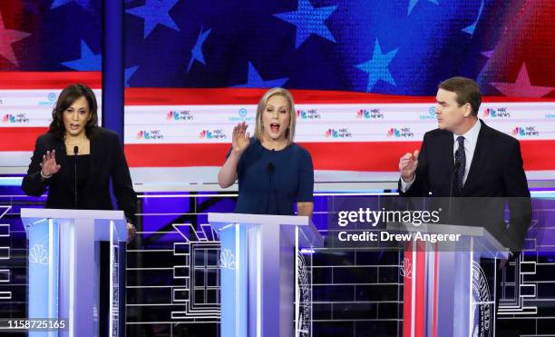 Democratic presidential candidates Sen. Kamala Harris , Sen. Kirsten Gillibrand and Sen. Michael Bennet speak during the second night of the first...