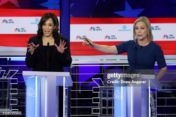 Democratic presidential candidate Sen. Kamala Harris and Sen. Kirsten Gillibrand speak during the second night of the first Democratic presidential...