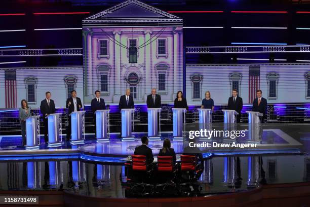 Democratic presidential candidates Marianne Williamson, former Colorado governor John Hickenlooper, former tech executive Andrew Yang, South Bend,...