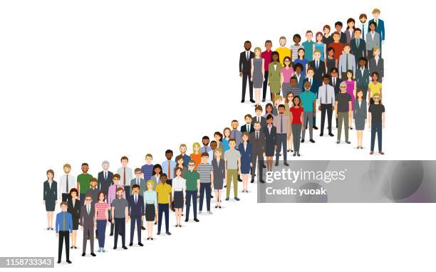 ilustraciones, imágenes clip art, dibujos animados e iconos de stock de multitud de personas reunidas en forma de flecha taquillera - standing out from the crowd