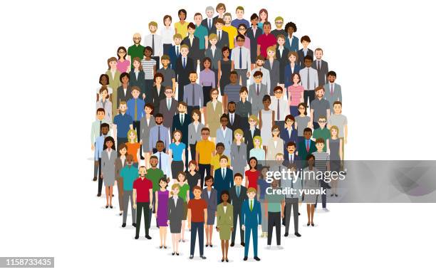 ilustraciones, imágenes clip art, dibujos animados e iconos de stock de gran grupo de personas en forma de círculo - crowded