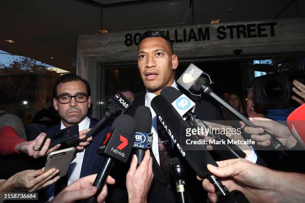 Israel Folau speaks to media following his conciliation meeting with Rugby Australia at Fair Work Commission on June 28, 2019 in Sydney, Australia.