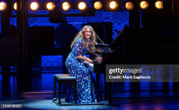Singer Vanessa Carlton is seen during the curtain call for her debut in "Beautiful - The Carol King Musical" at Stephen Sondheim Theatre on June 27,...