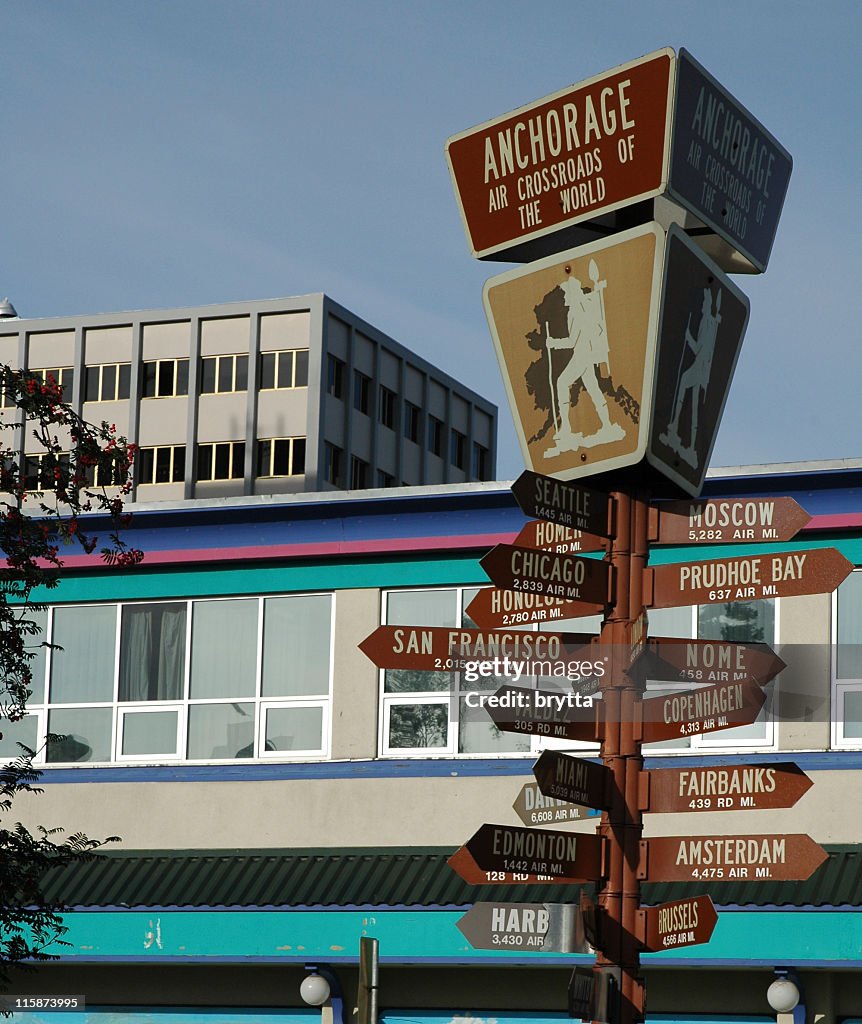Signpostwith las distancias y las indicaciones en Anchorage, Alaska