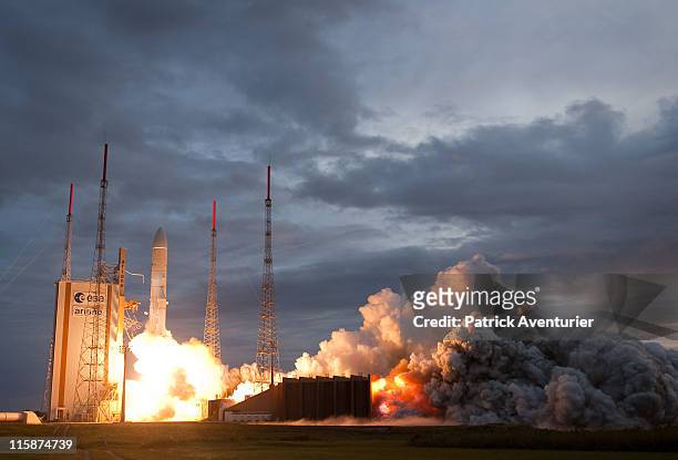 Ariane 5 launches at the European Spaceport on June 26, 2010 in Kourou, French Guiana.