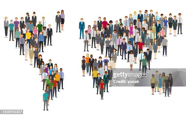 illustrazioni stock, clip art, cartoni animati e icone di tendenza di folla di persone che compongono una mappa del mondo - planisfero politico