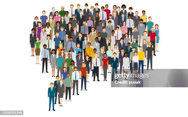 ilustraciones, imágenes clip art, dibujos animados e iconos de stock de gran grupo de personas en forma de burbuja de chat - standing out from the crowd