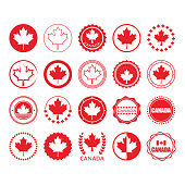 Red Canada flag and maple leaf sign circle emblems and stamps design elements set on white background