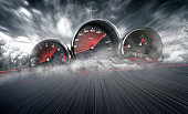 Speedometer scoring high speed in a fast motion blur racetrack background. Speeding Car Background Photo Concept.