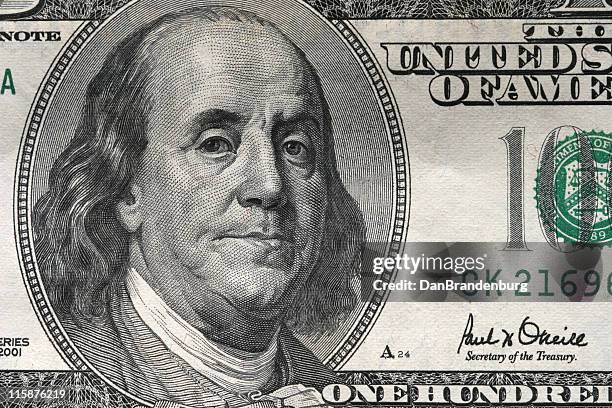 money $100 bill closeup - american one hundred dollar bill stockfoto's en -beelden