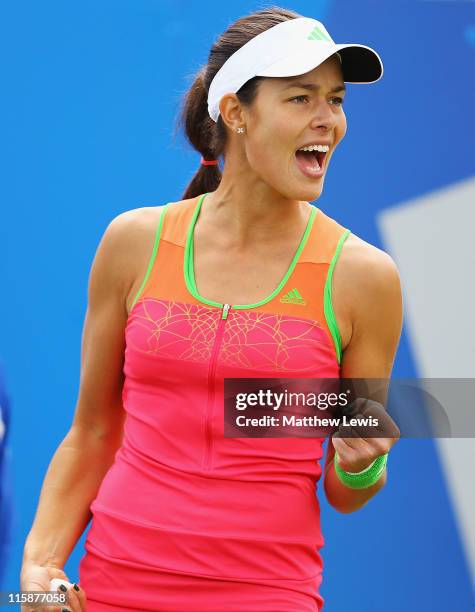 Ana Ivanovic of Serbia celebrates a point during her semi-final match agsint Daniela Hantuchova of Slovakia during day six of the AEGON Classic at...