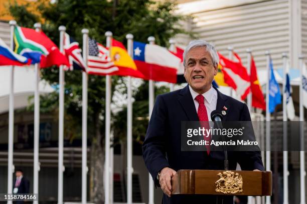 President of Chile Sebastián Piñera speaks to the press after finishing his first day of participation in the Osaka G20 Summit on June 28, 2019 in...