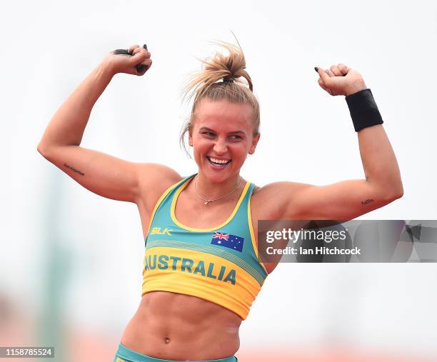 Elizaveta Parnova celebrates after winning the women's senior pole vault during the 2019 Oceania Athletics meet at the Townsville Sports Reserve on...