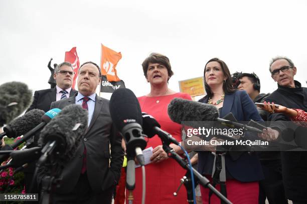 Leader Arlene Foster and deputy leader Nigel Dodds speak to the media following their meeting with Prime Minister Boris Johnson at Stormont on July...