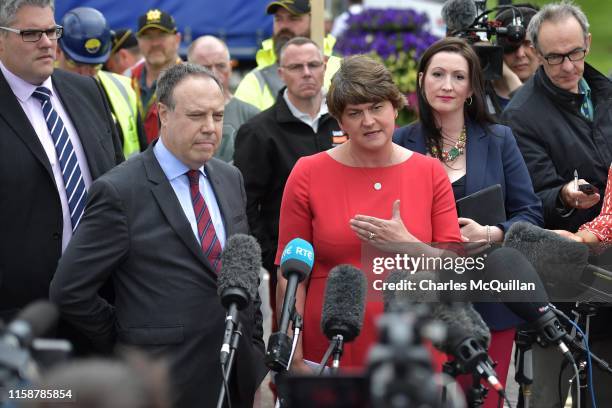 Leader Arlene Foster and deputy leader Nigel Dodds speak to the media following their meeting with Prime Minister Boris Johnson at Stormont on July...