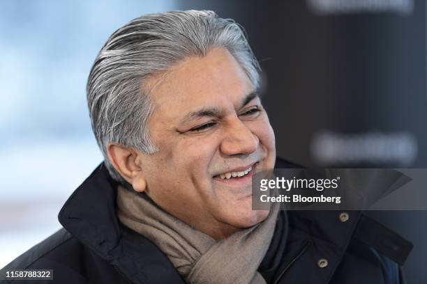 Arif Naqvi, chief executive officer of Abraaj Capital Ltd., reacts during a Bloomberg Television interview at the World Economic Forum in Davos,...