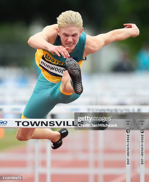 Sam Hurwood of Australia competes in the mens 110m hurdles during the 2019 Oceania Athletics meet at the Townsville Sports Reserve on June 28, 2019...