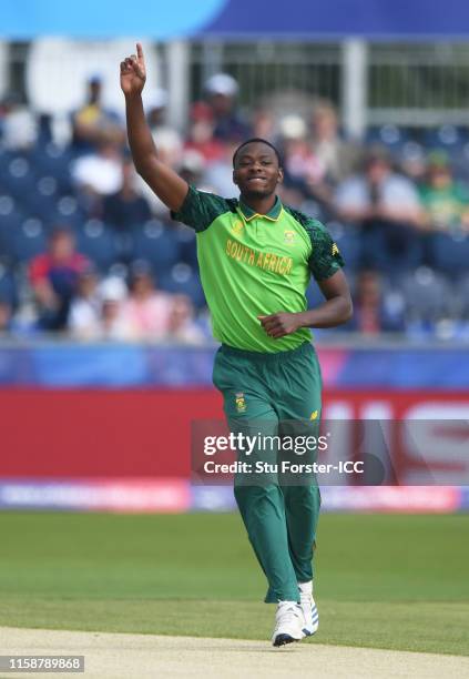 Kagiso Rabada of South Africa celebrates after taking the wicket of Dimuth Karunaratne of Sri Lanka during the Group Stage match of the ICC Cricket...