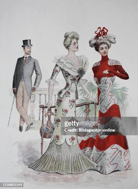 Fashion of Ladies and Gentlemen at Paris in the year 1899, digital improved reproduction of an woodprint from the year 1890.