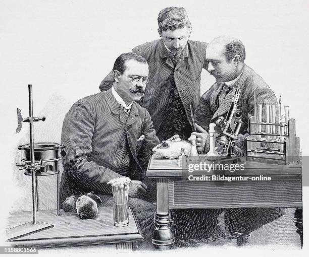 Emil Adolf Behring , German physiologist, with his assistants in the lab, digital improved reproduction of an woodprint from the year 1890.