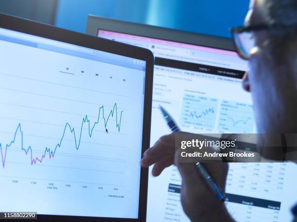 financial services, stock analyst researching share price data of a company on the computer - investment research stock pictures, royalty-free photos & images