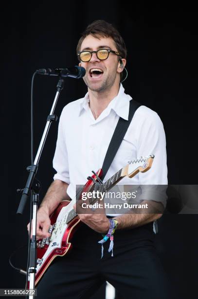 Justin Young from the Vaccines performs on The Other Stage during day three of Glastonbury Festival at Worthy Farm, Pilton on June 28, 2019 in...