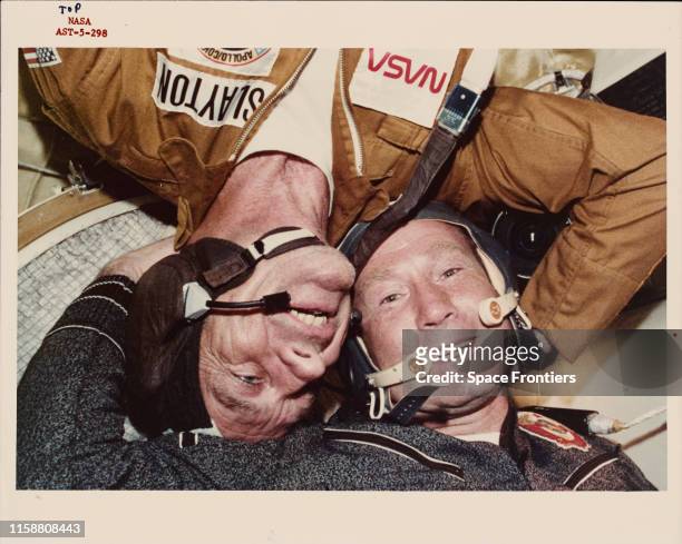 Two crewmen of the joint US-USSR Apollo-Soyuz Test Project pictured during the mission, July 1975. They are Donald K 'Deke' Slayton , the American...