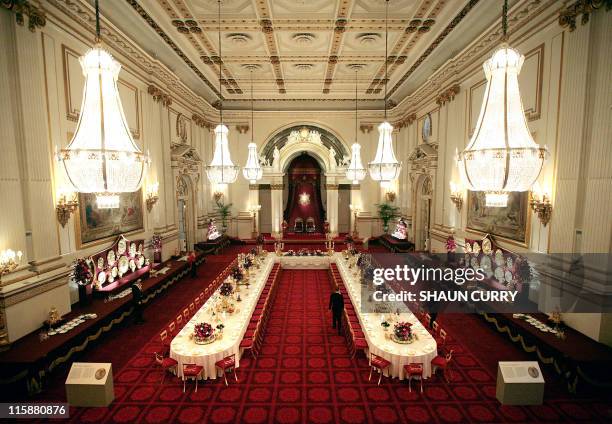The Ballroom of Buckingham Palace set up for a State Banquet is pictured in London, on July 25, 2008. For the first time ever, visitors to Buckingham...